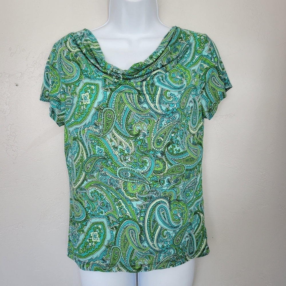 Jones & Co. Women's Small Blue Green Draped Front Blouse Short Sleeve Paisley